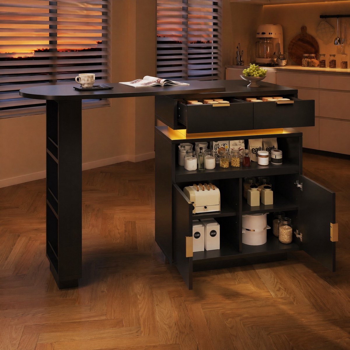 WUVRIE Uitschuifbare bartafel 115-183x40x99,5 cm - LED en opbergruimte - Zwart