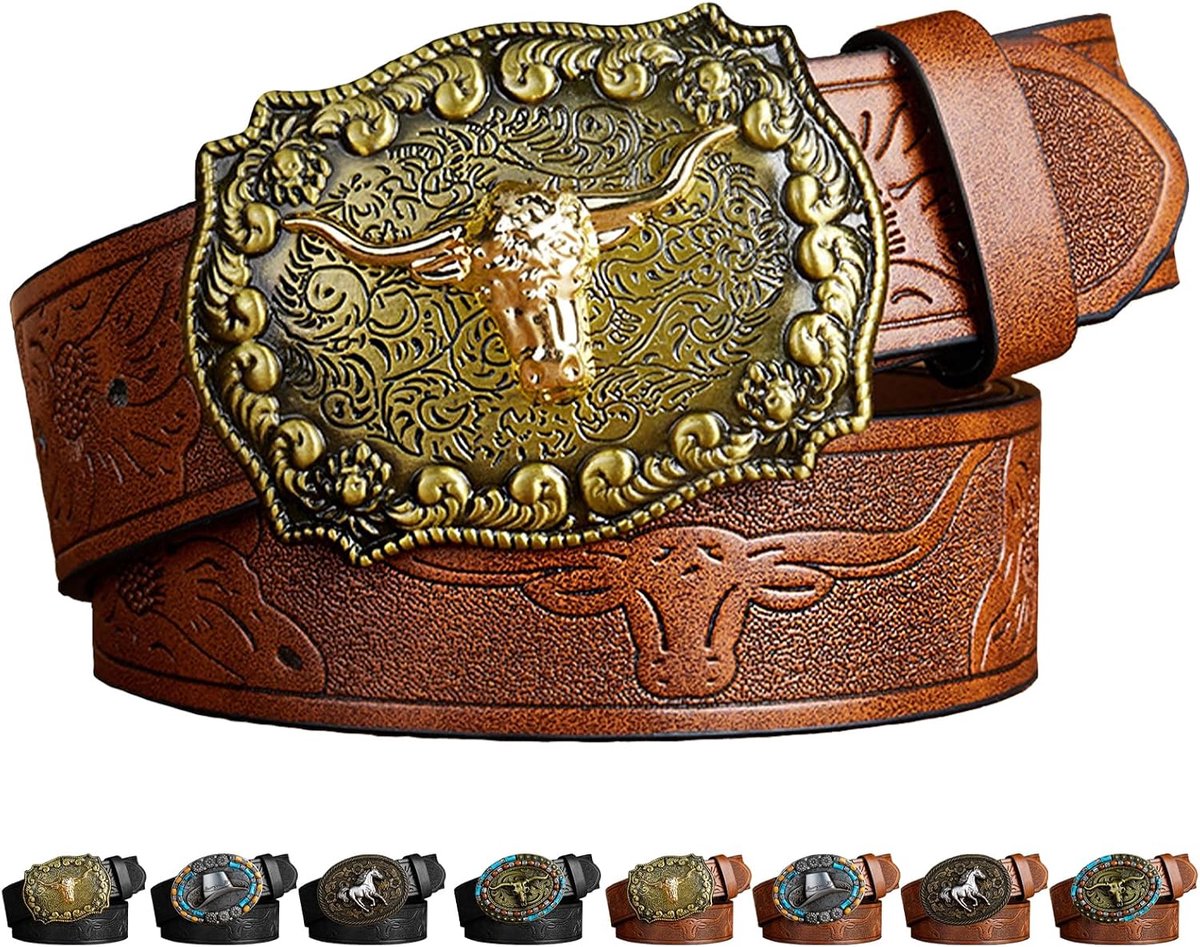 LUKIUP Western Leather Belt Belt Men's Cowboy Belt Buckle Belt Western Cowboy Accessories for Men Gifts Halloween - ShopVlot