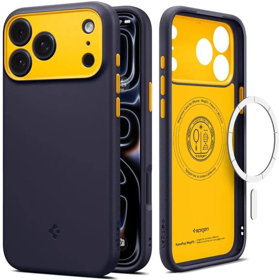 Voor- en achterkant van een marineblauw Spigen hoesje met gele binnenkant en camera-uitsparing voor iPhone.