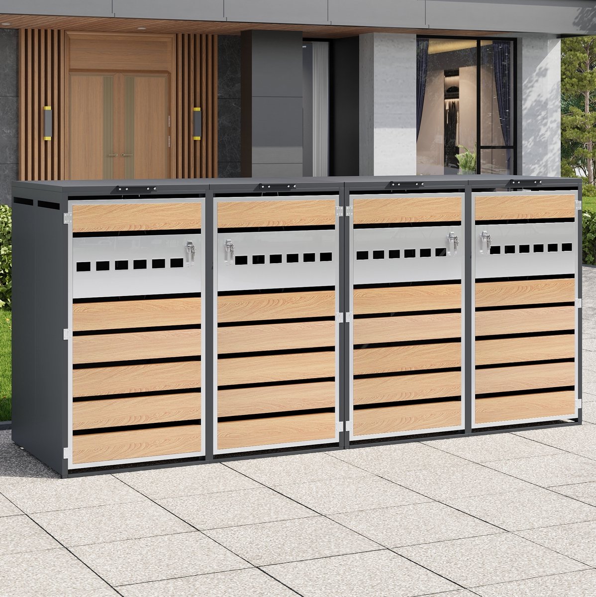 WUVRIE - Containerberging 132x80x118,5 cm - 4 afsluitbare vakken met klepdeksel - Grijs/houtlook
