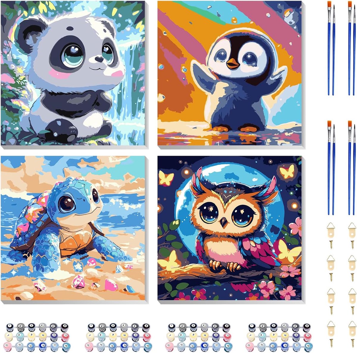 SnelShoppen - Schilderen op Nummer Set voor Kinderen - 4 Stuks Panda, Uil, Pinguïn, Schildpad - Inclusief Lijst - Acrylverf voor Meisjes en Jongens va