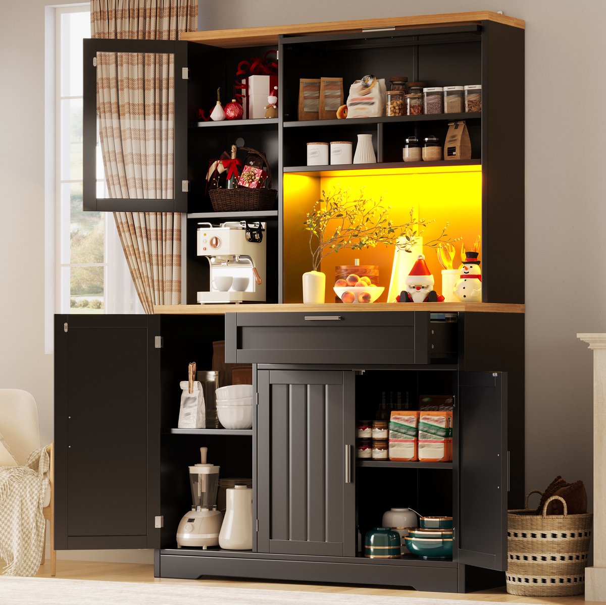 WUVRIE Keukenkast 104x40x180 cm - LED-verlichting, vitrinedeuren en 3 deuren - Zwart