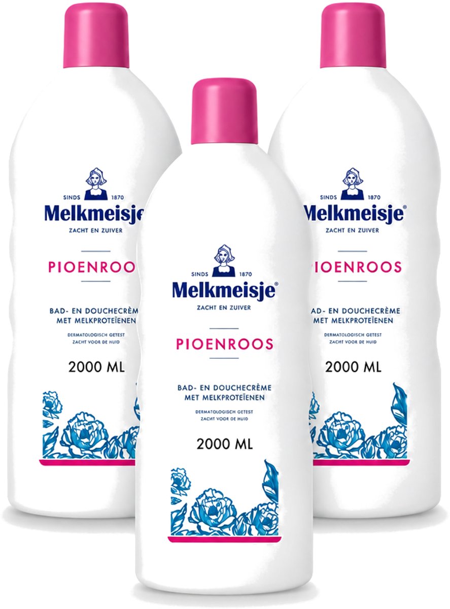 3 x Melkmeisje - Bad & Douche - Pioenroos Geur - Verzorgend & Hydraterend - 2000 ml - Voordeelverpakking - 3 stuks