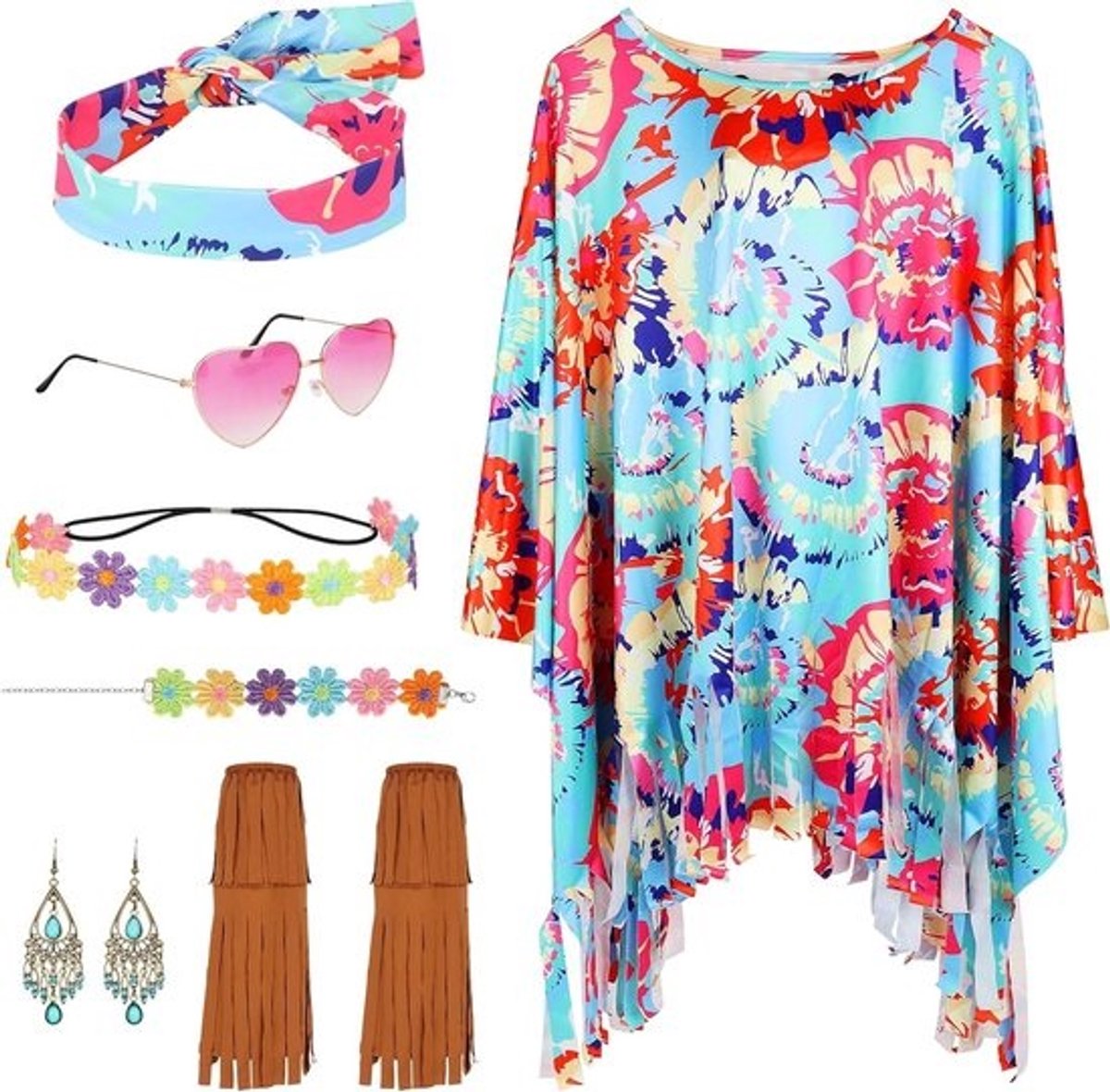 Vrouwelijk hippiekostuum met accessoires voor carnaval - cape, schoenen, bril, oorbellen en hoofdband