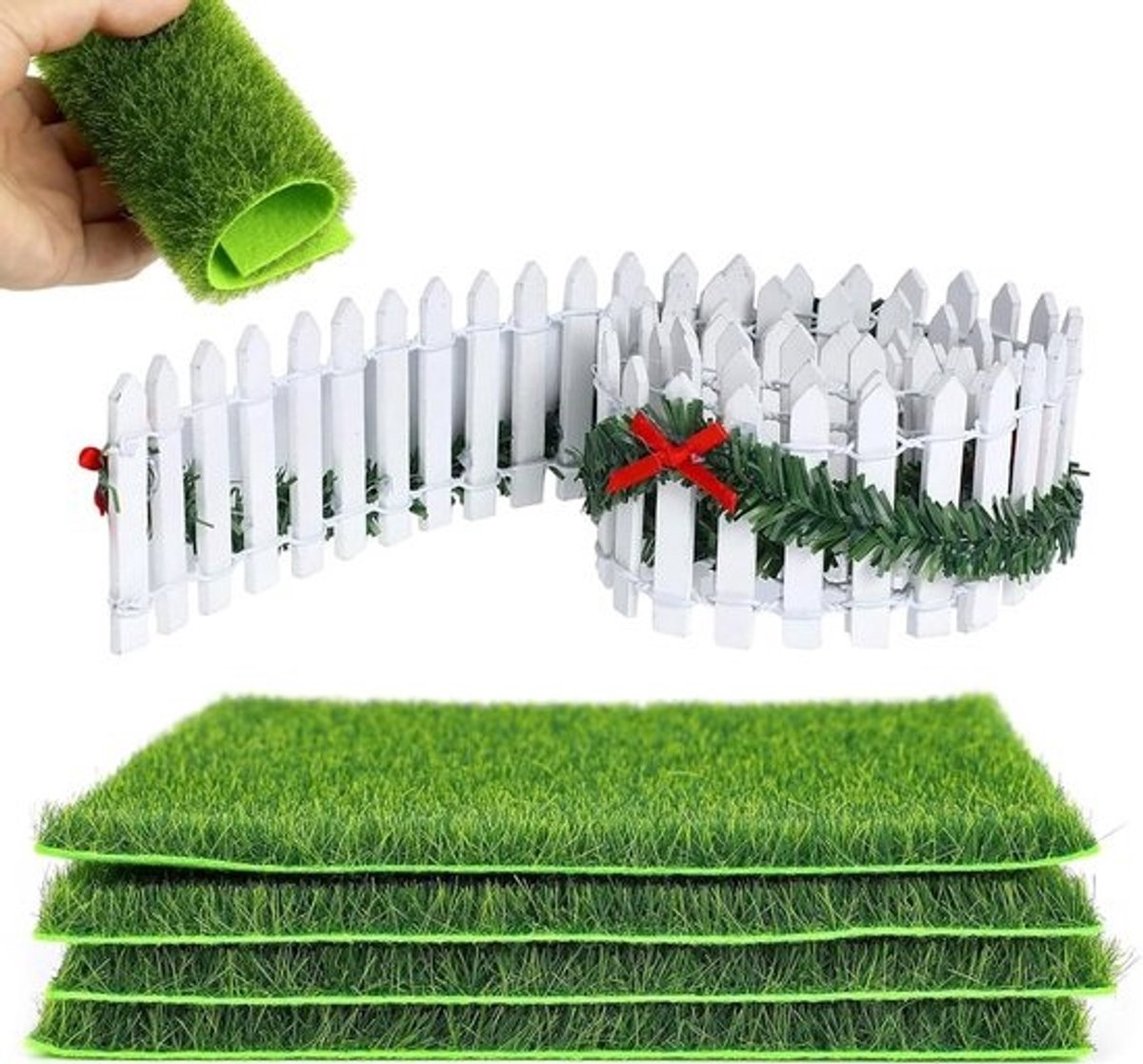 Kunstgras voor miniatuurtuinen - 4-delige set met 90 cm gnomehek, decoratief kunstgras en miniatuurhekken voor creatief knutselen