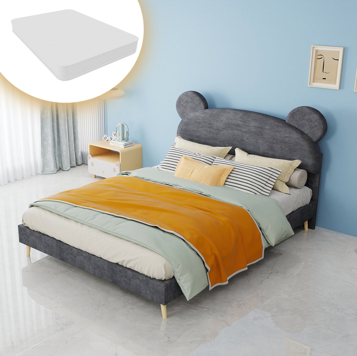 REDOM Bedframe - Gestoffeerd hoofdbord met berenoren - Lattenbodem - Inclusief pocketveringmatras - Kinderstijl - Slaapkamer - Stof en metaal - Grijs - 140 x 200 cm