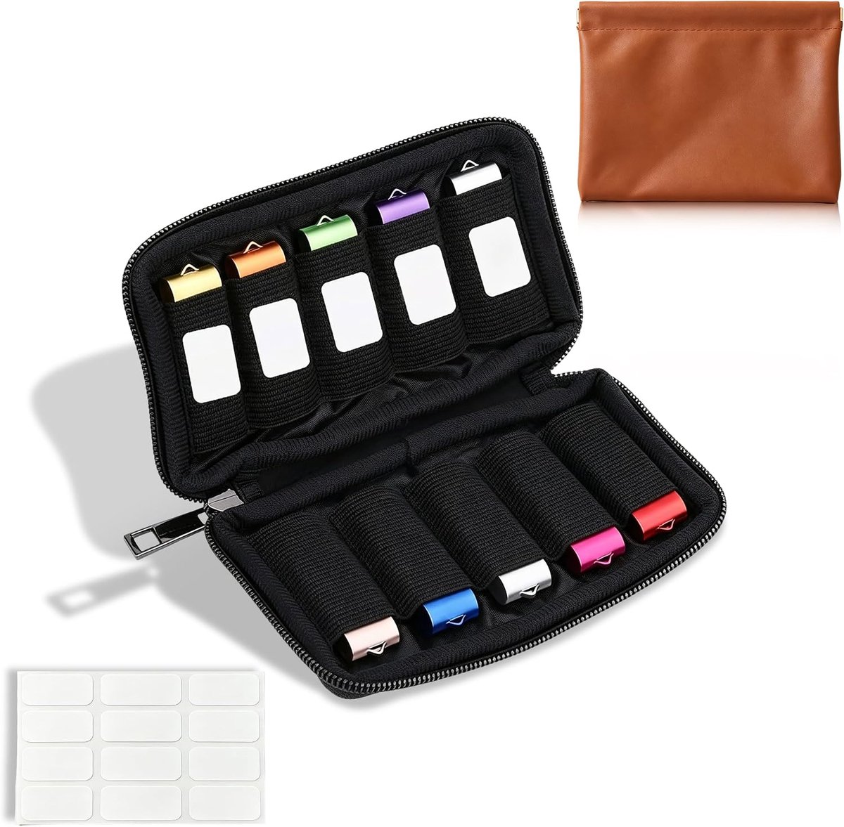 Set van 2 Stuks Kabelorganizer met 10 Sleuven, Tas Voor USB-Kabel Zwarte Tas voor Datakabels, Elektronische Organizer-Etui van Oxfordstoff-Weefsel en PU-Leer voor Geheugensticks