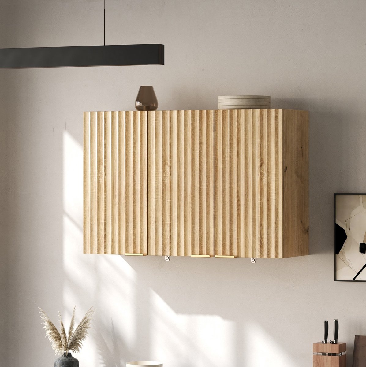 MODFU - Keukenkast - Wandkast Met 3 Deuren - Wandmontage - MDF - Naturel - 90 X 29 X 60 Cm
