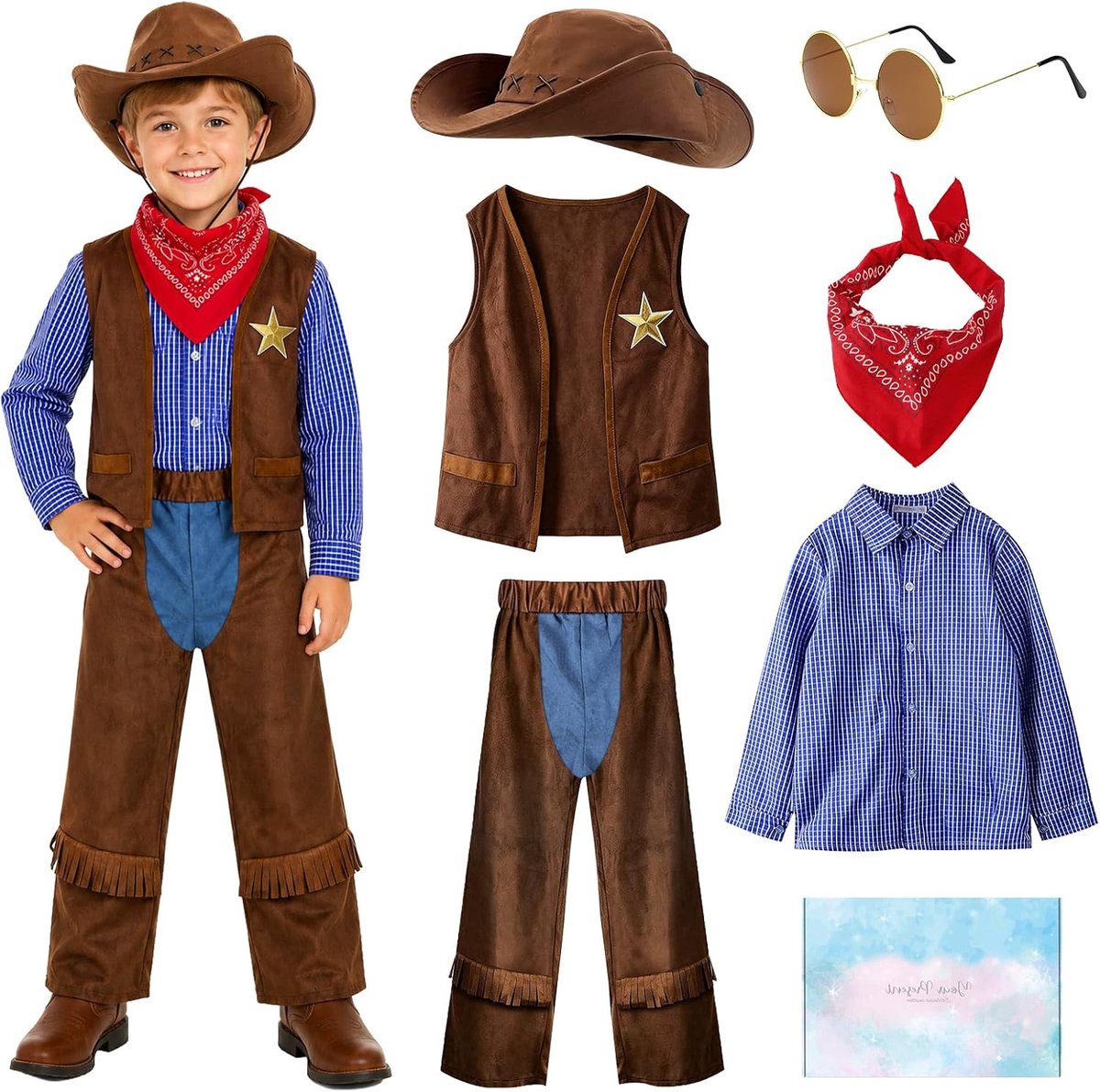Cowboykostuum voor kinderen, set met hoed, vest, hemd, chaps, bril