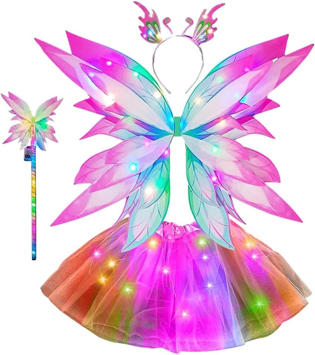 Feeënkostuum voor kinderen, feeënkostuum voor meisjes met led, tutu, tule rok, haarband, toverstaf, vlindervleugels, kinderen, feeën, verjaardag, Halloween, carnaval, kostuum voor