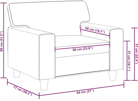 Schematische tekening van een zwarte fauteuil met afmetingen: 94 cm breed, 80 cm hoog, 77 cm diep.