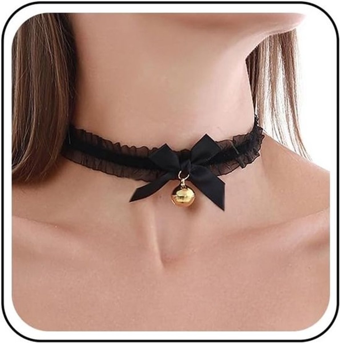 Zwarte kanten halsketting met brede strikken en gouden bellen - lolita cosplay en kostuums