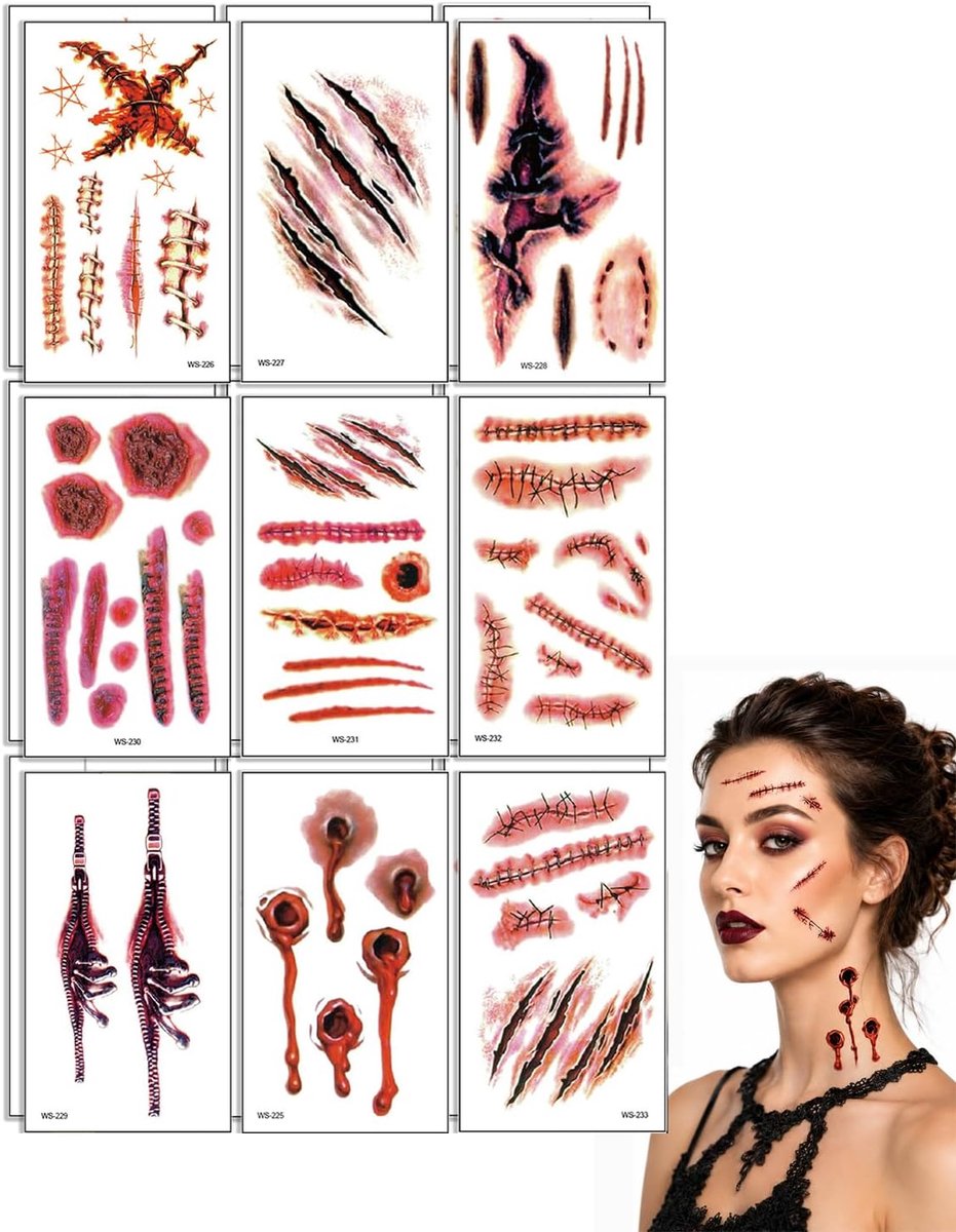 18 vellen Halloween-tatoeages voor gezicht, littekenstickers met 3D-effect, zombie-wonden voor kostuum, carnavalsfeest, veilig en waterdicht, voor kinderen en volwassenen