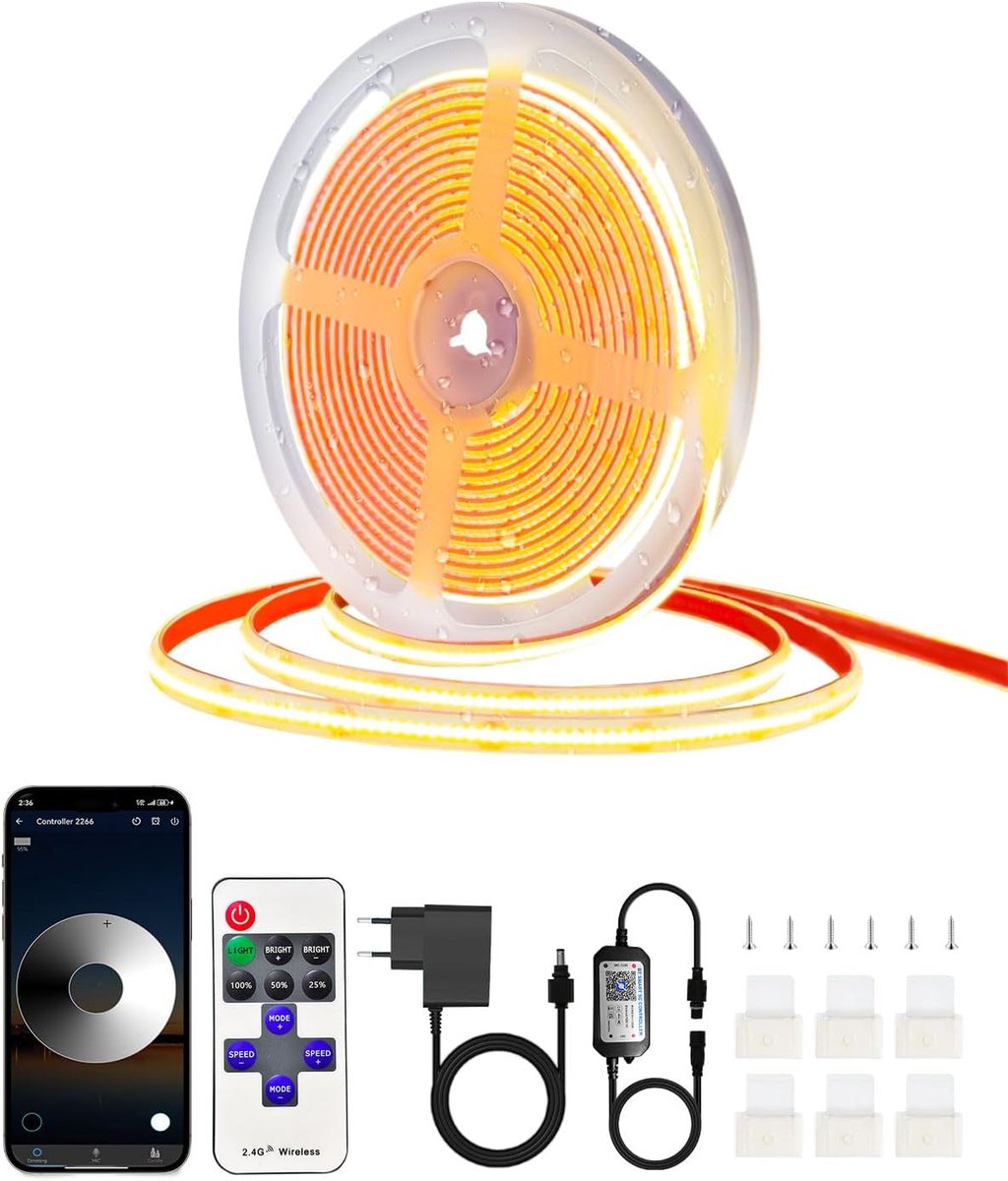 SnelShoppen - COB Led Strip 7M IP68 Waterdicht, 24V Warmwit Zelfklevend met App en Afstandsbediening voor Buiten en Binnen, Dakrand, Tuin, Zwembad, Ke