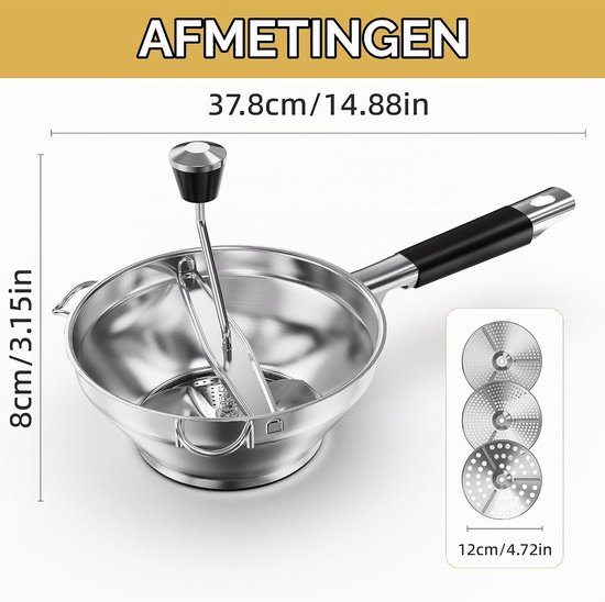 Handmatige Groentemolen van RVS met 3 Verwisselbare Schijven voor Babyvoeding, Tomatensaus en Aardappelpuree — afbeelding 4