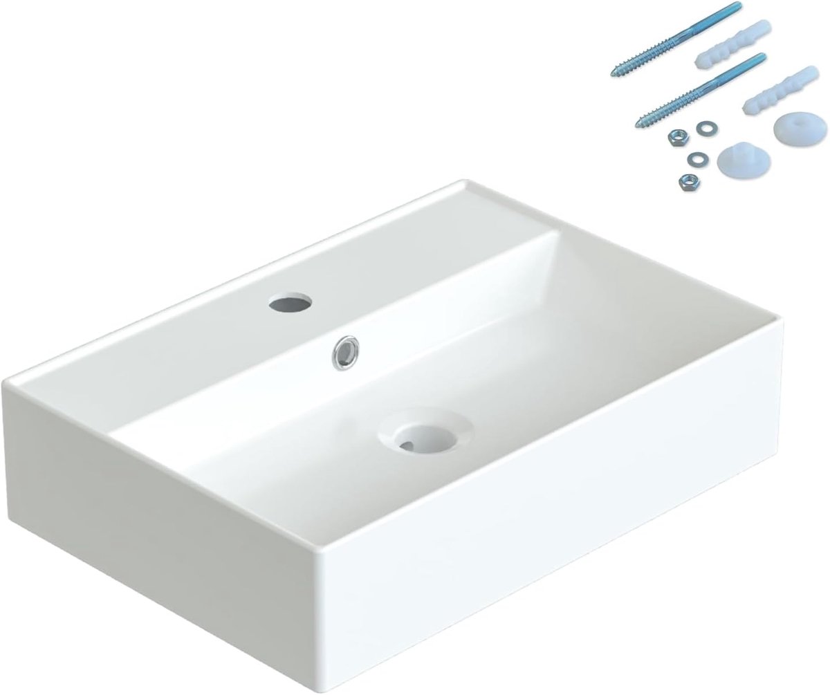 Wastafel van keramiek, rechthoekig, 50 x 35 cm, opzetwastafel voor wastafel, onderkast, wasruimte, gastentoilet, hangwastafel, handwasbak, wit, wandhangend met kraangat, overloop, stokschroeven M10
