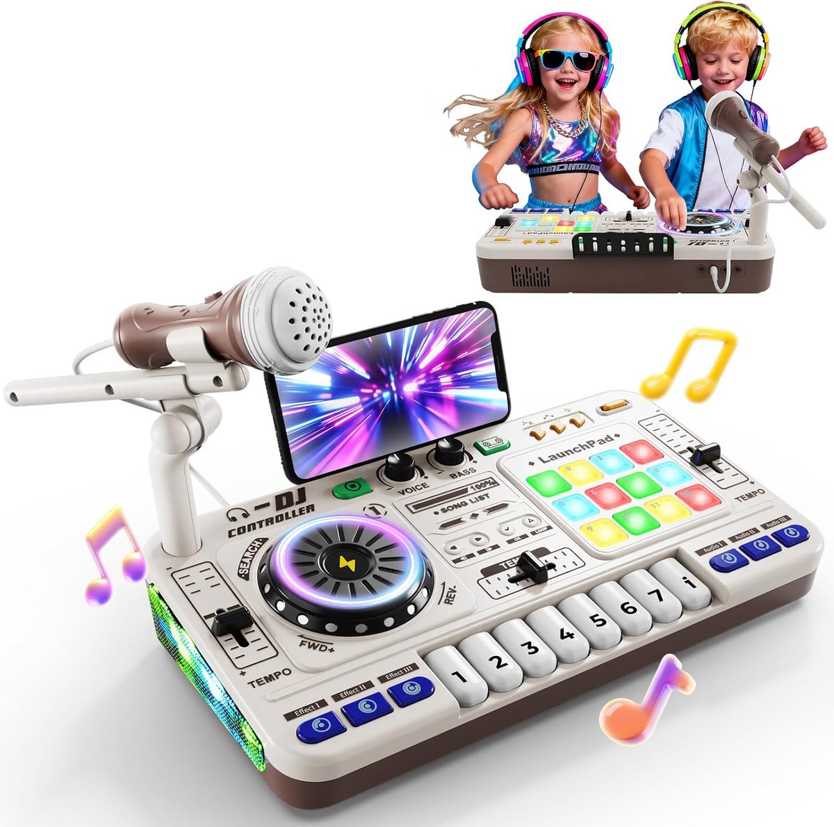 DJ-mixer voor kinderen van 3-12 jaar, DJ-controller, muziekinstrument met microfoon, 100+ geluidseffecten, verlichting, accu. Cadeauspeelgoed voor DJ Mixer jongens meisjes van 3-5-6-7-8-9-10-12 jaar