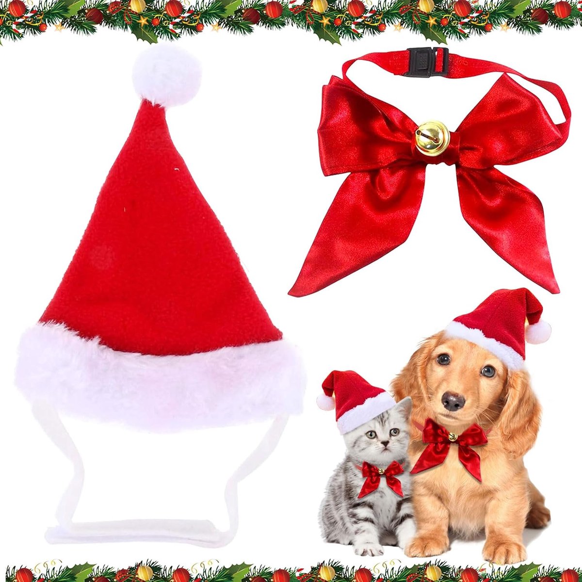 Kerstmis, Kerstmuts Kat, Kerstmis Hondenkostuum Huisdier Kerstmanmuts, Verstelbare Maat Rode Hoed en Stropdas, Kerstkostuum Huisdier Accessoires voor Katten Honden