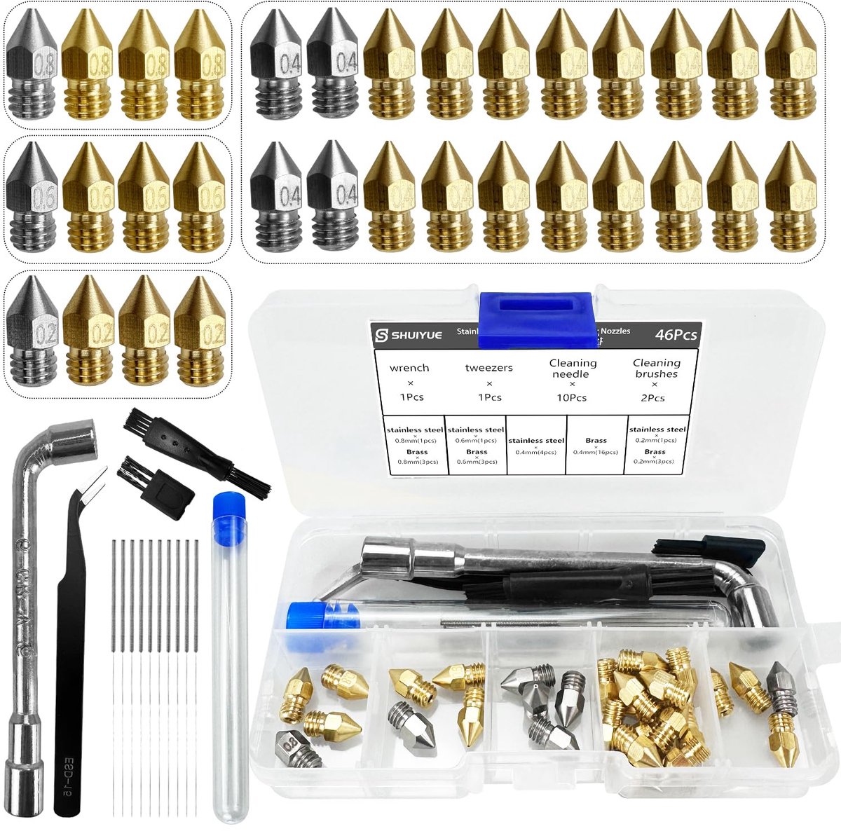 Mk8 Extruder Brass Nozzle Set, 32 Pieces, 0.2/0.4/0.6/0.8 mm, Nozzles, Brass Nozzle Set, 3D Printer, Brass Stainless - ShopVlot