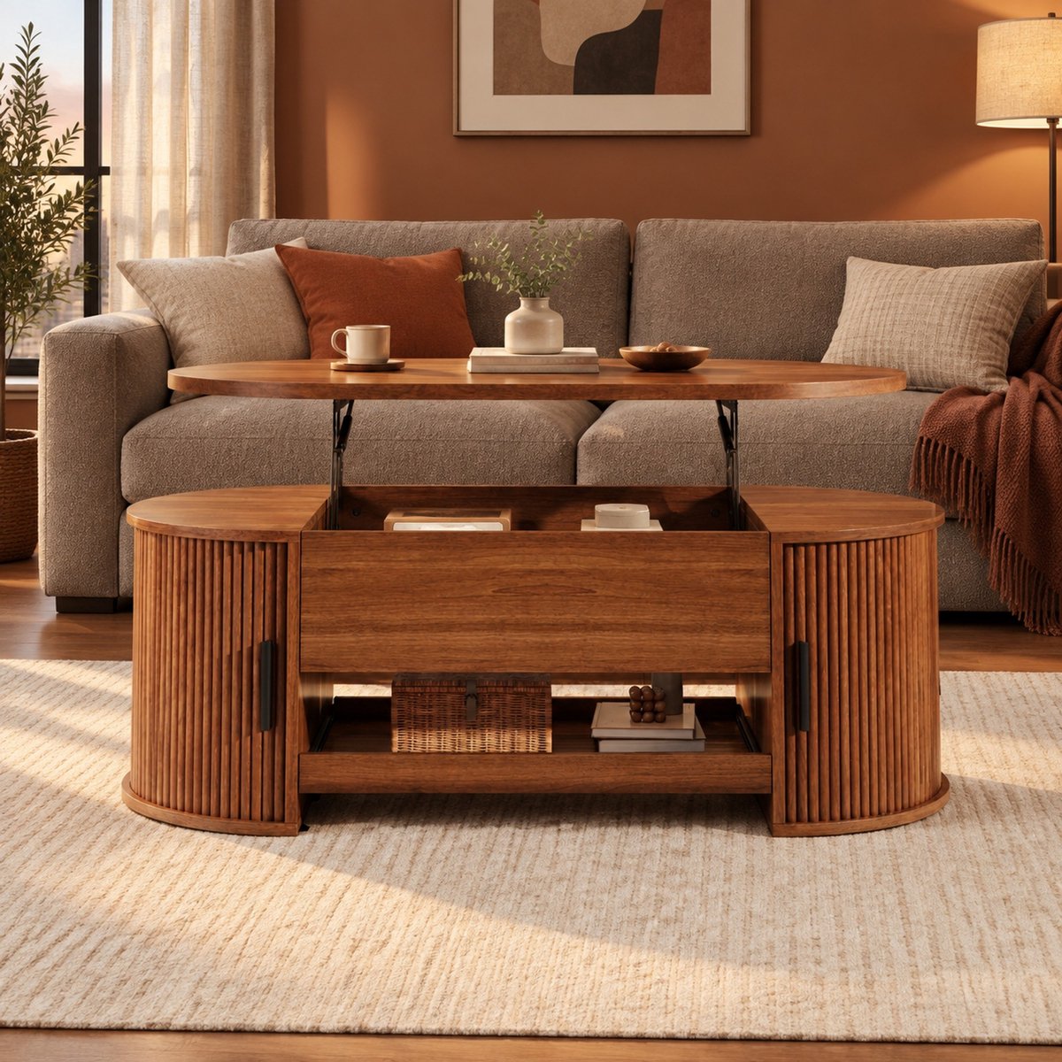 STILVORA Salontafel - Hefbaar Tafelblad Met Verborgen Opbergruimte - Voor Werken En Ontspannen In De Woonkamer - MDF - 110x55x55 Cm - Walnoot