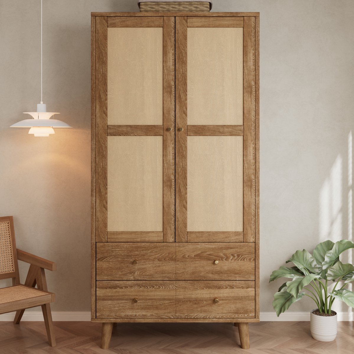 STILVORA Kledingkast Met Rattanlook - Kledingstang, Planken En 2 Laden - Voor Slaapkamer En Hal - MDF - 80 x 50 x 180 cm - Natuurlijk Walnoot