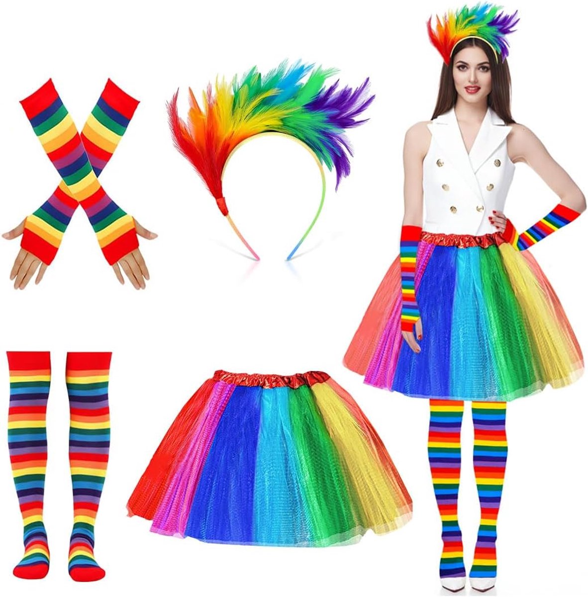 Carnavalskostuum voor dames, 4-delig regenboogkostuum, carnavalskostuum voor dames, regenboog, tule rok voor dames, met veer, hoofdband, kniekousen, vingerloze handschoenen, voor carnaval en feest