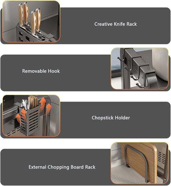 Uitbreidbaar magnetronrek, verstelbaar koolstofstaal magnetronplank, aanrecht organizer plankstandaard met 6 haken voor broodrooster, pot pan grill opbergrekken (grijs) — afbeelding 4