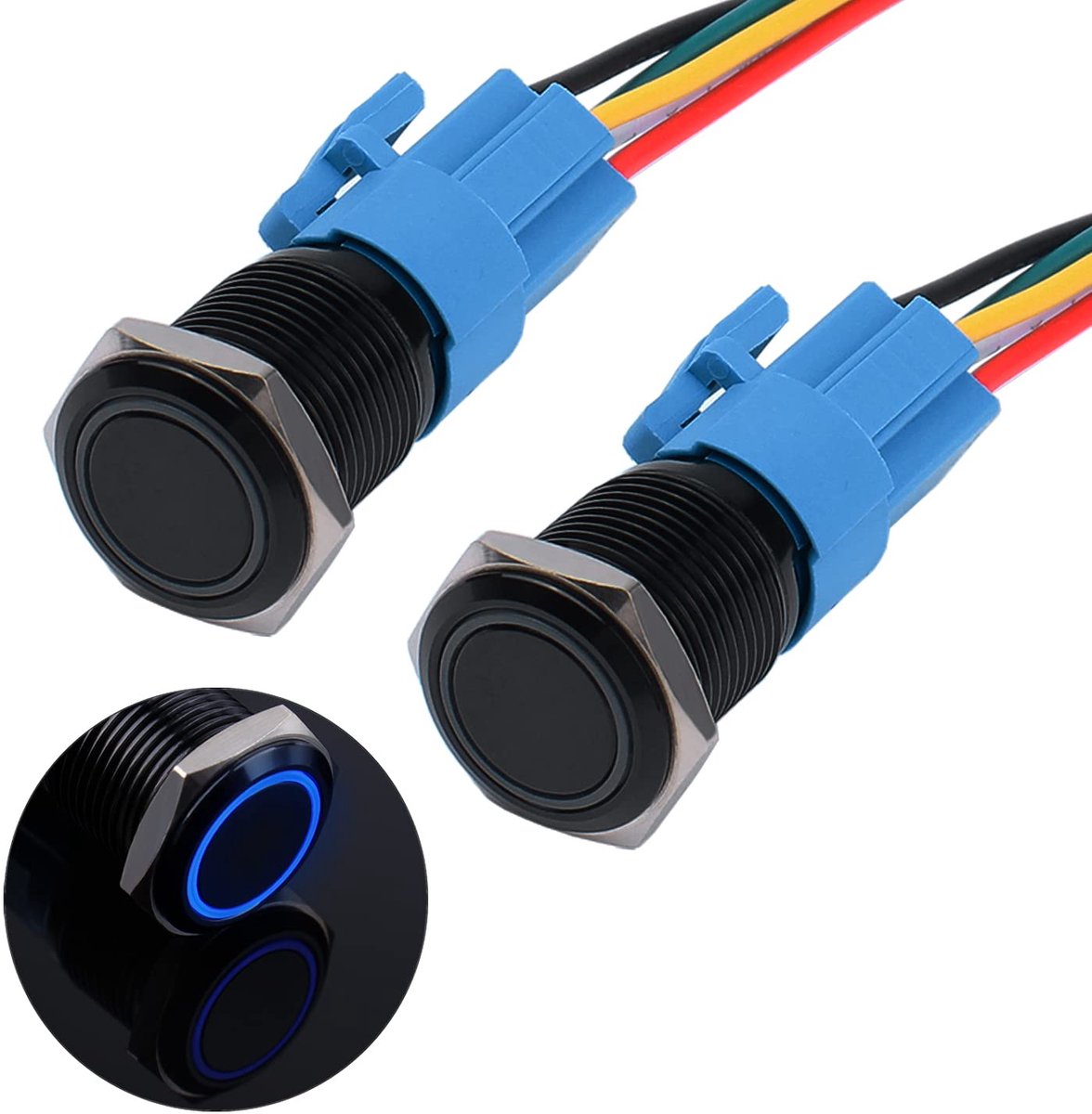 2 x 16 mm vergrendelingsdrukschakelaar, 12 V tot 24 V, 3 A, waterdicht, zelfhoudend, zwart, drukknopschakelaar van metaal, led-verlichte voorbekabelde aan/uit-vergrendelingsknop, schakelaar met
