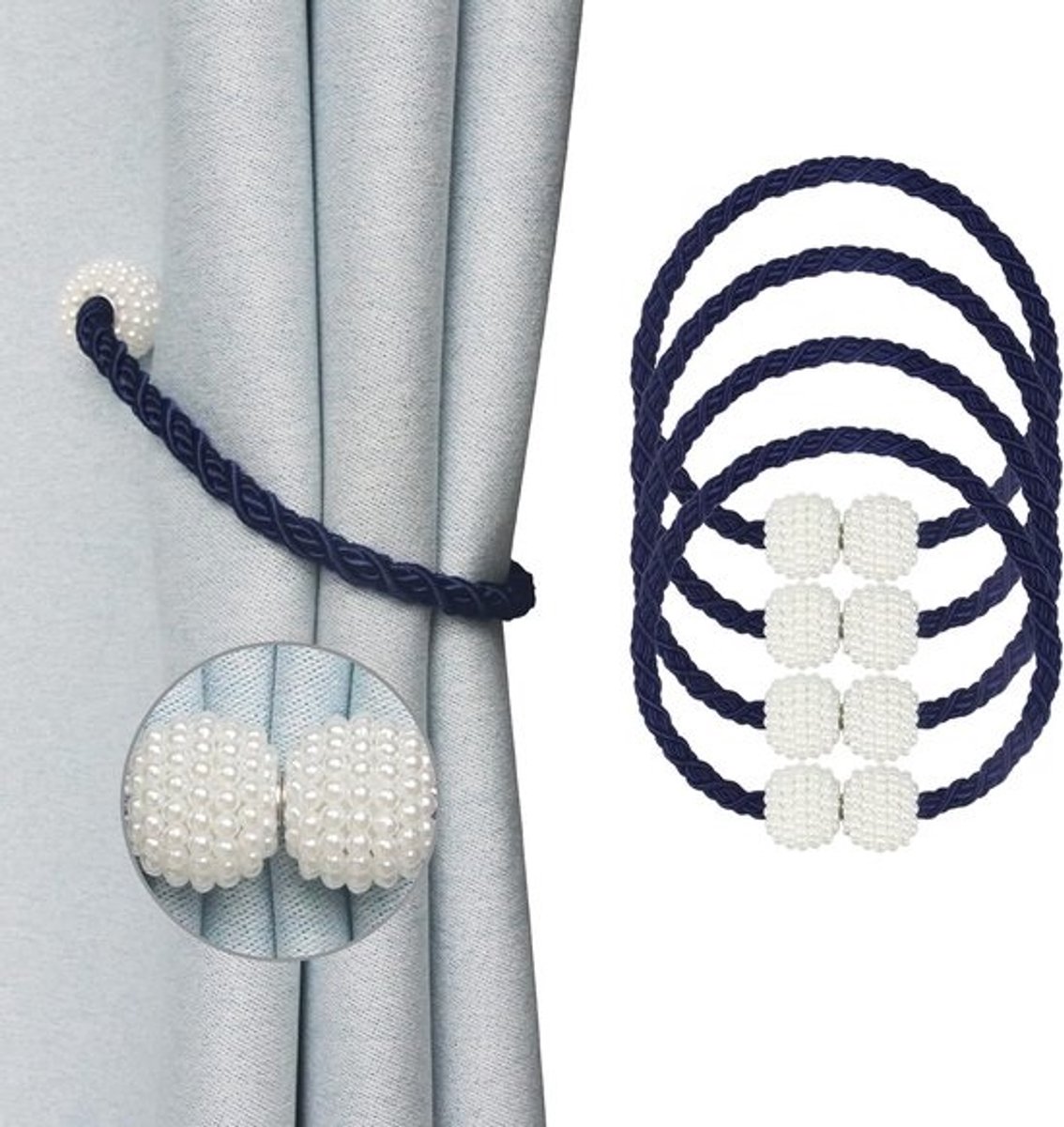 Gordijnbinders - Gordijnhangers - Raambekleding bevestigen - Magnetische sluiting - Marineblauw