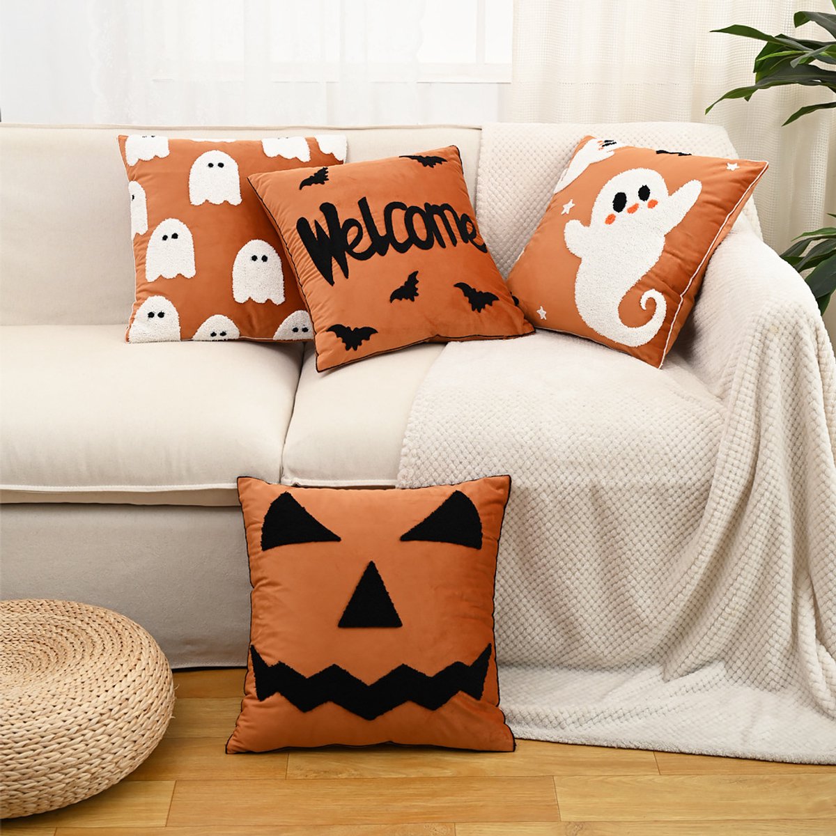 Halloween spook - geborduurd kussen - Huis vakantie decoratie - bank kussen - woonkamer pluche creatief kussen - 4 stuks set