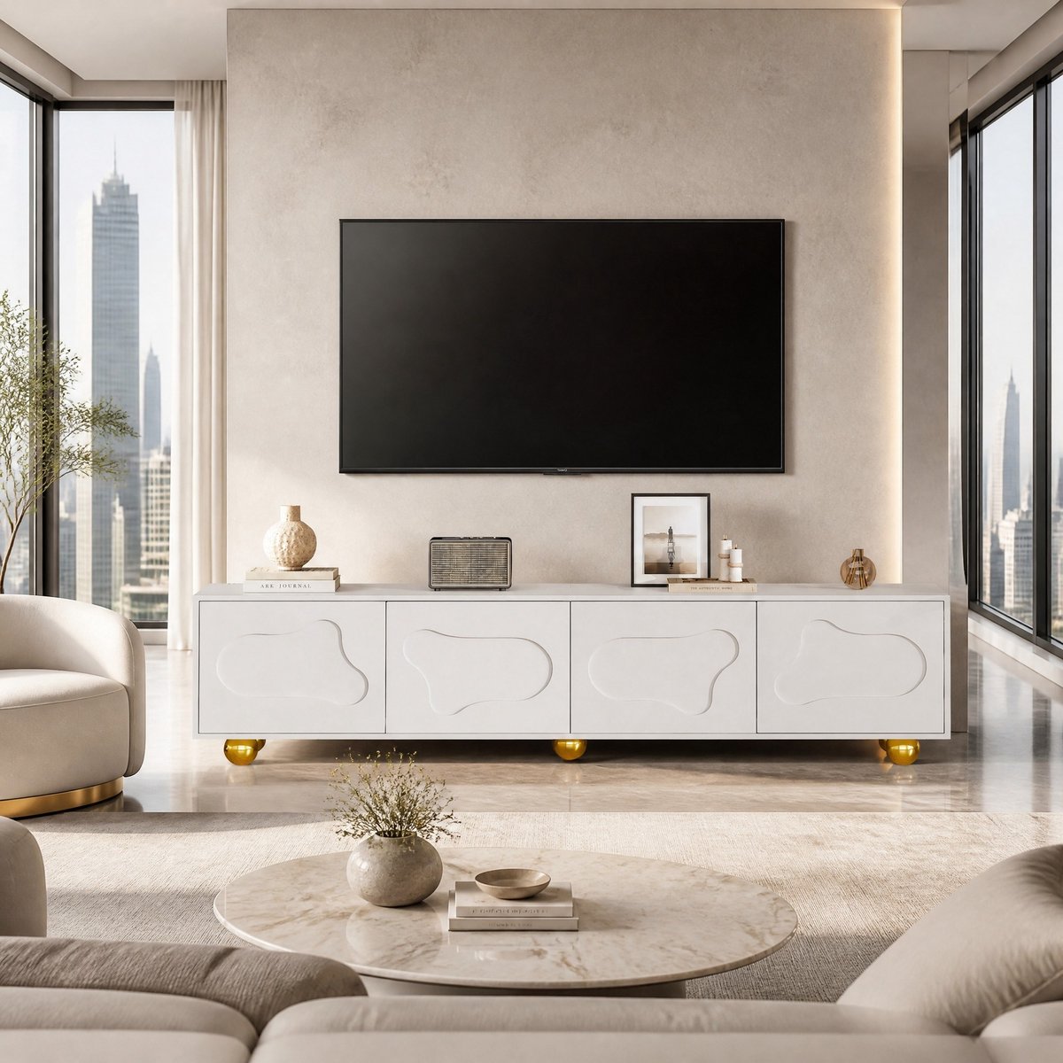 WUVRIE Tv-meubel 180x40x45 cm - 4 deuren en 2 kasten - Geschikt voor tv's tot 75 inch - Wit
