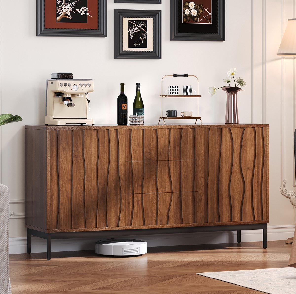 WUVRIE Dressoir 150 x 40 x 80 cm - 3 lades, verstelbare legplanken en drukopeningssysteem - Donkerbruin