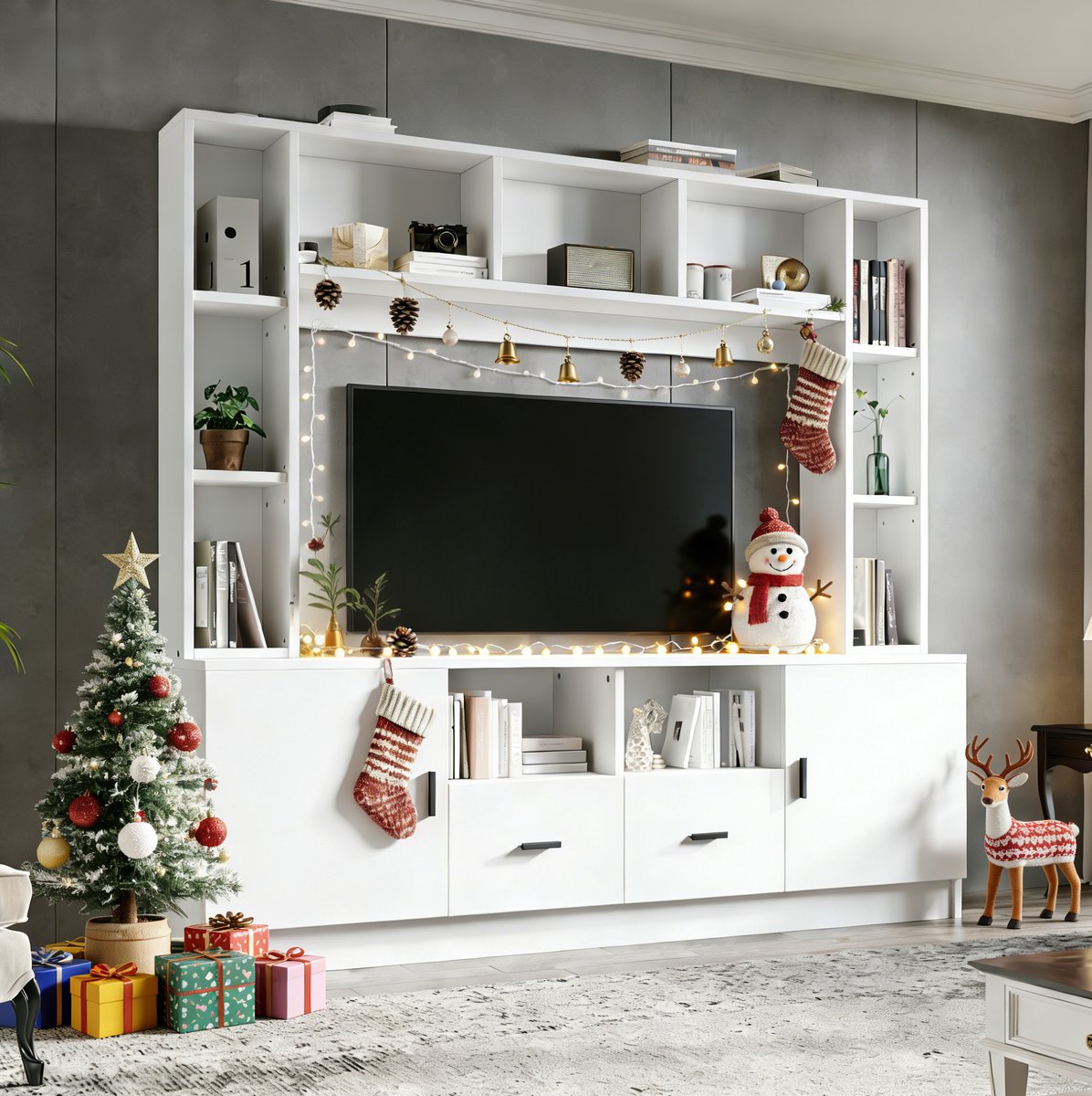 WUVRIE TV-meubel 180 x 35 x 170 cm - 2 kasten, 2 lades en 11 vakken - Voor tv tot 60 inch - Wit