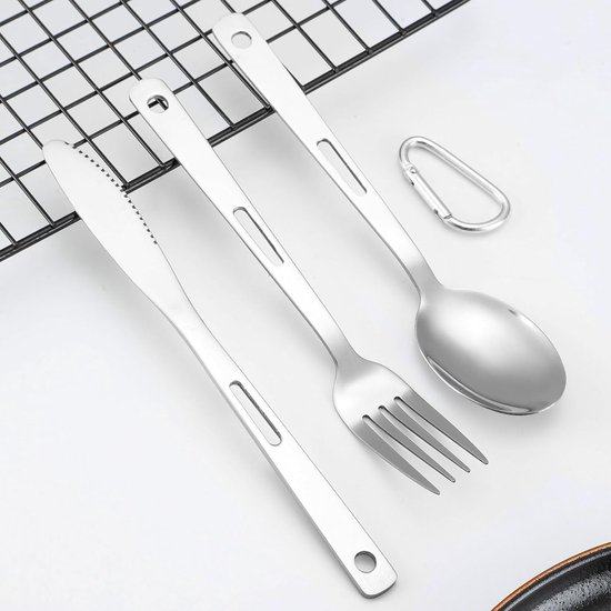 SnelShoppen - Camping Bestek Set 8-Delig RVS - Inclusief Mes, Vork, Lepel, Rietje, Eetstokjes, Carabiner en Etui - Ideaal voor Kamperen, Hiken en Reiz van Snelshoppen — afbeelding 4