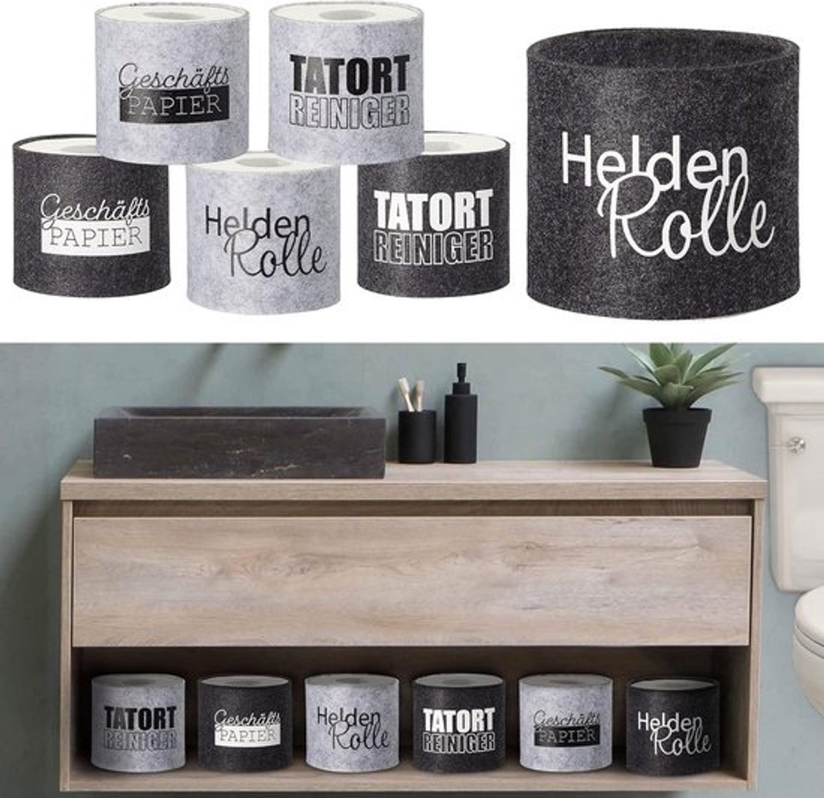 Toiletpapier banderollen - Toiletrol hoezen - Badkamer decoratie - Grappige spreuken - Set van 6 - Grijs crème