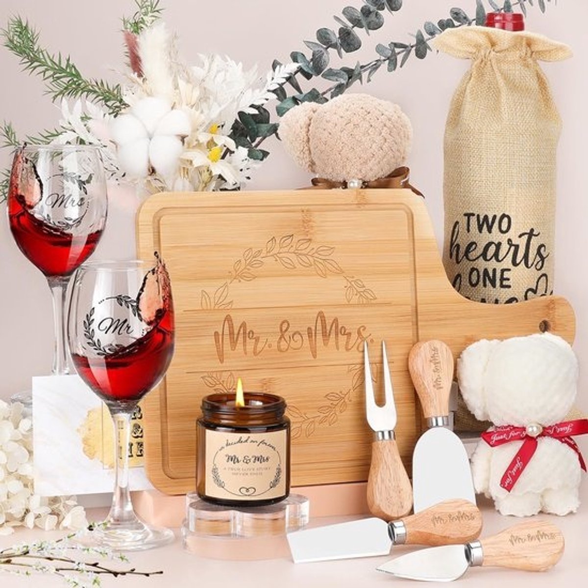 Bruidspaar Cadeauset - Huwelijksgeschenken - Feestelijke Gelegenheden - Gegraveerde Glas & Bamboe - 30x9.9cm - Wit