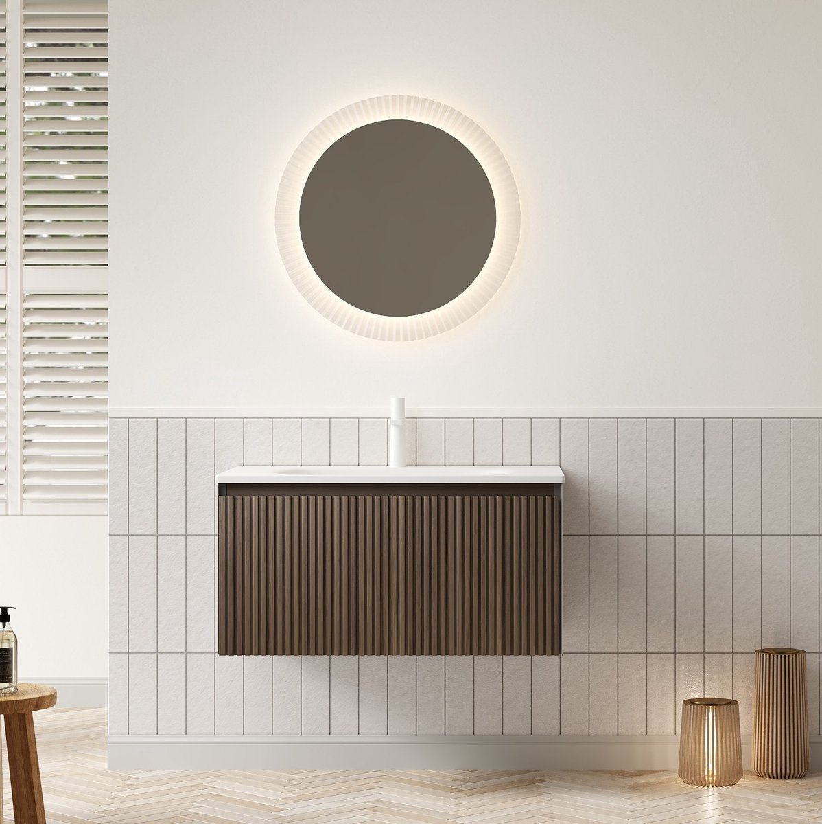 FloraGrace Badkamerkast - Wandmontage Met Geïntegreerde Wastafel En Lade - Modern Voor Badkamer - Hout En Hars - 80 Cm - Bruin Eiken En Wit