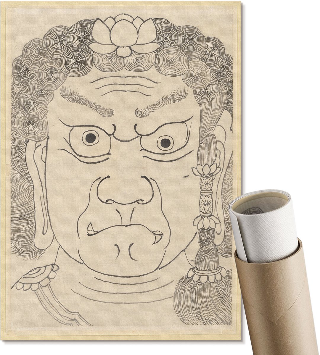 Coloray Polycanvas Poster - Fudō Myō Masker, Illustratie - A4 - Beige Kunst - Rechthoek - Wandkunst - Woonkamer, Slaapkamer, Kantoor - Japanse