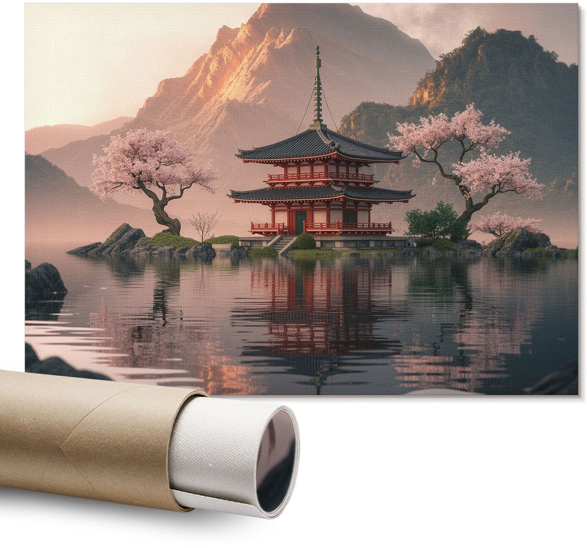 Coloray Polycanvas Wandposter – Oosterse Harmonie, Roze – A1 – Wit Motief – Rechthoek – Muurdecoratie – Slaapkamer – Klassiek