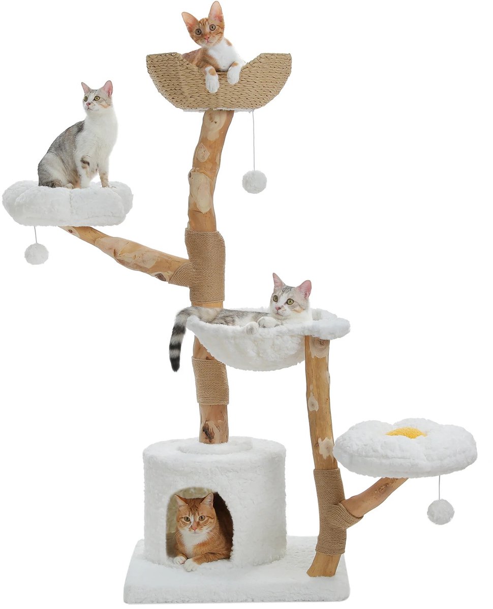 DailyDamaar krabpaal - Kattenspeelgoed - Kattentoren - Kattenklimpaal - Houten meubel - Rieten mand - 150 cm - 5 Lagen - Wit