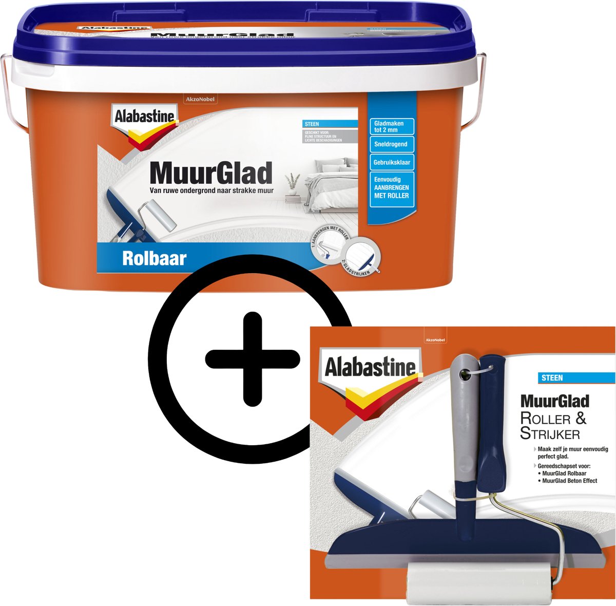 Product Bundel: Alabastine - Muurglad Rolbaar - Wit - 10 L + Muurglad Roller & Strijker