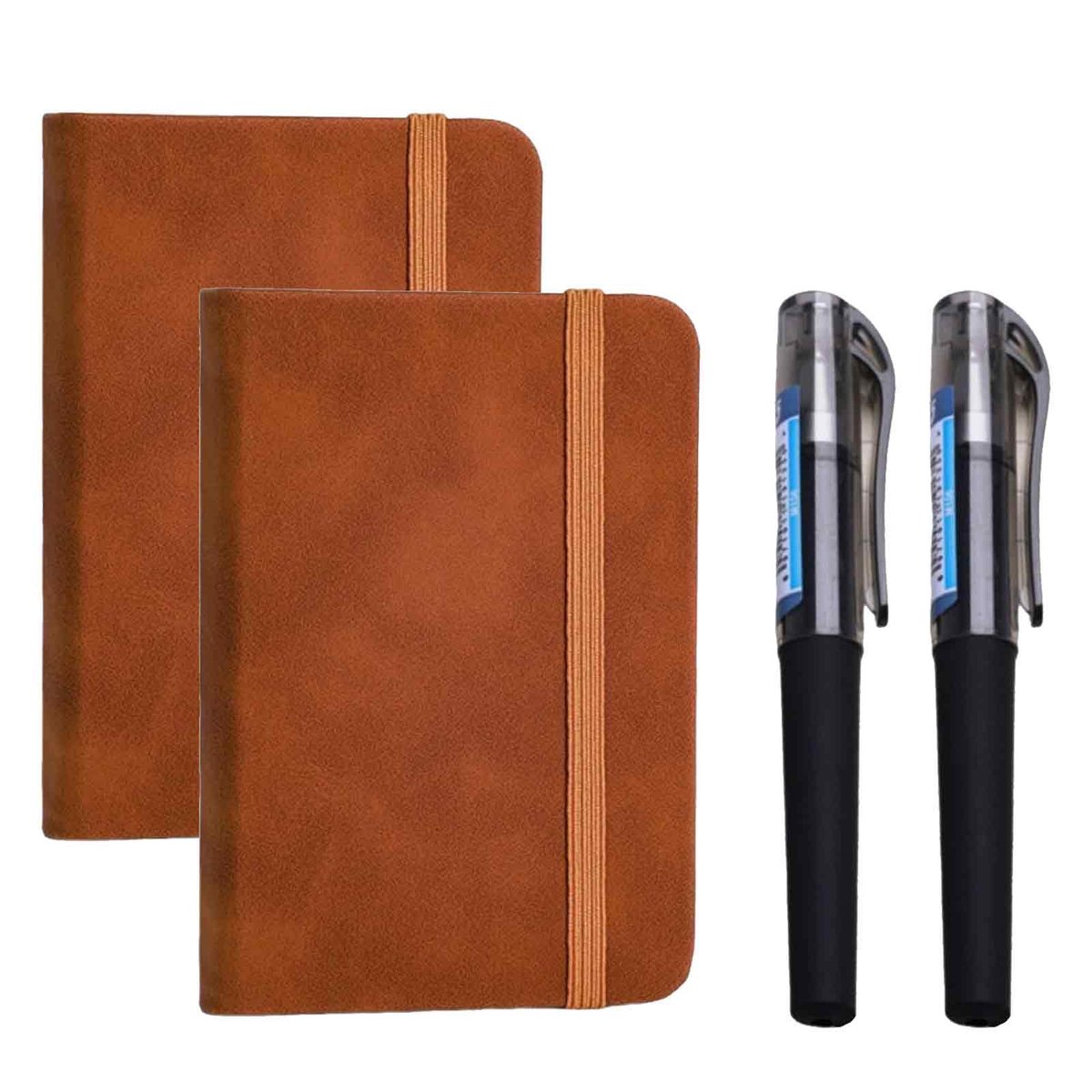 Klein Zaknotitieboek met Pen - 2 stuks - Leren Notitieboek met Elastische Band - Compact Schrijfboek voor Dames en Heren - Voor Werk, Kantoor en Onderweg - bruin