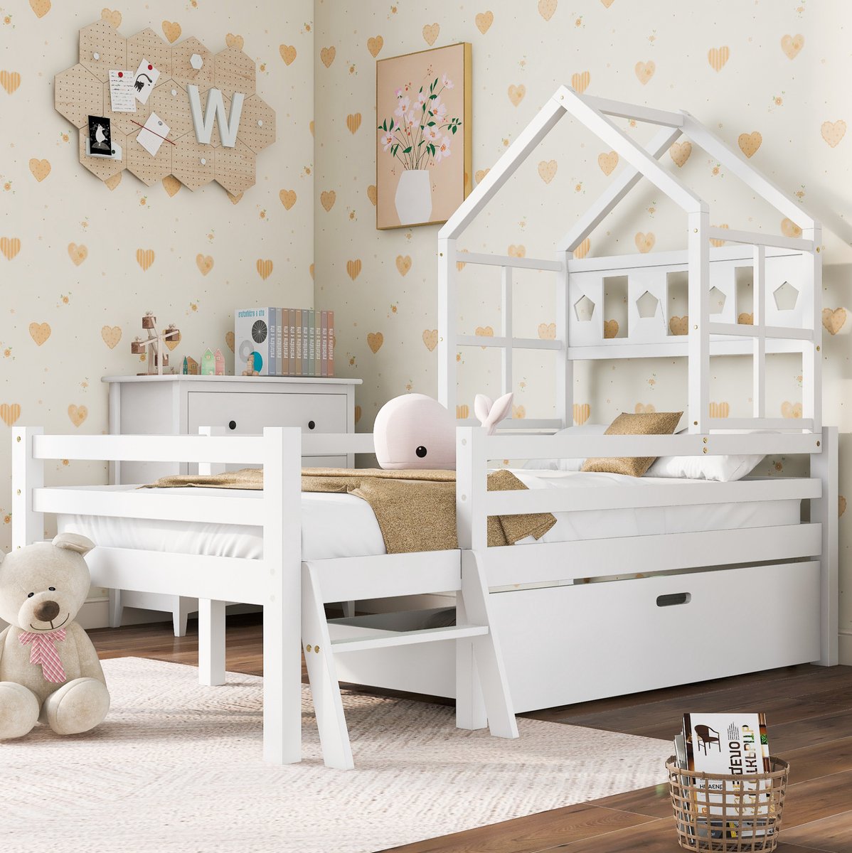 REDOM - Kinder hoogslaper - Huisvorm met ladder en uitvalbeveiliging - Met bedlade en opbergruimte - Hout en MDF - Wit - 90 x 200 cm
