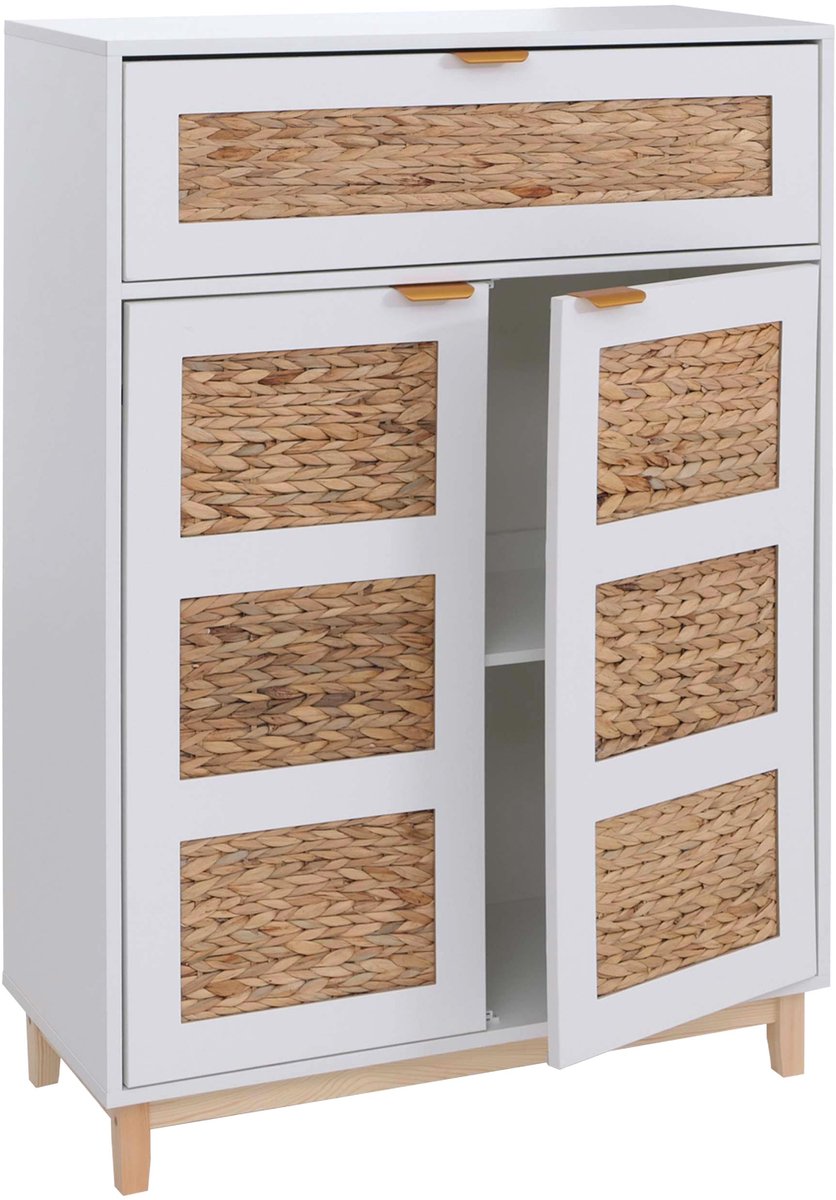 Commode MCW-P54, kast, dressoir, hoogkast, MDF met melamine-afwerking en waterhyacintfront 115x80x35 cm ~ wit