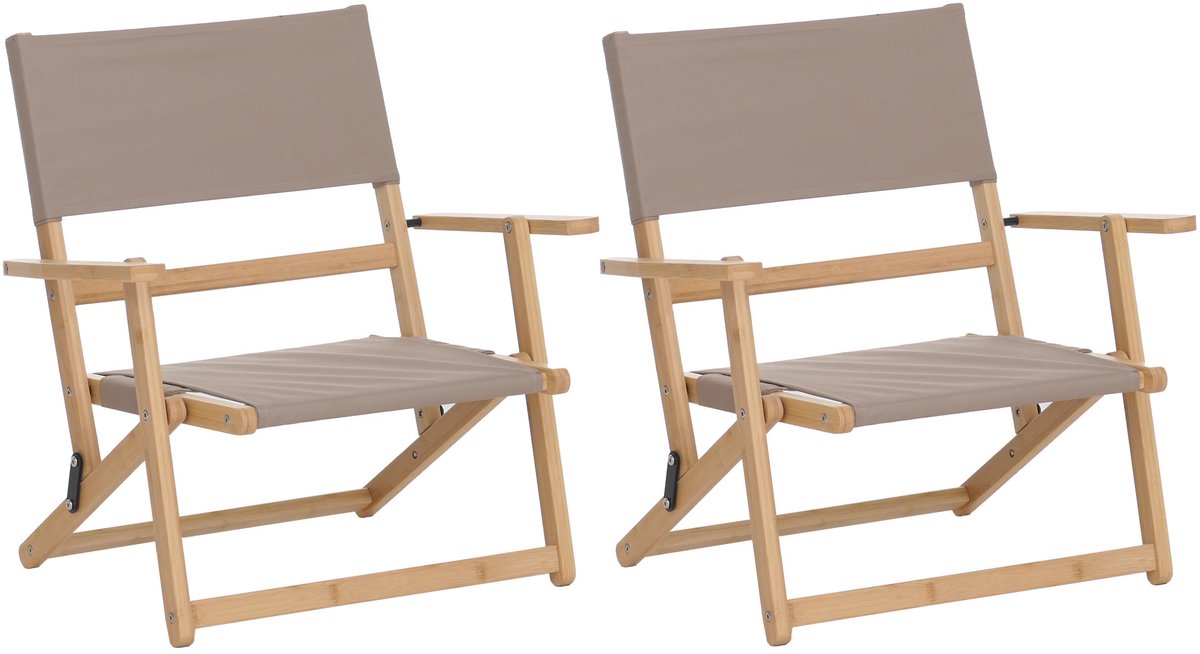 Set van 2 bamboe campingstoelen MCW-Q42, tuinstoel, balkonstoel, vrijetijdsstoel, opvouwbaar, voor buiten, stof/textiel ~ crème