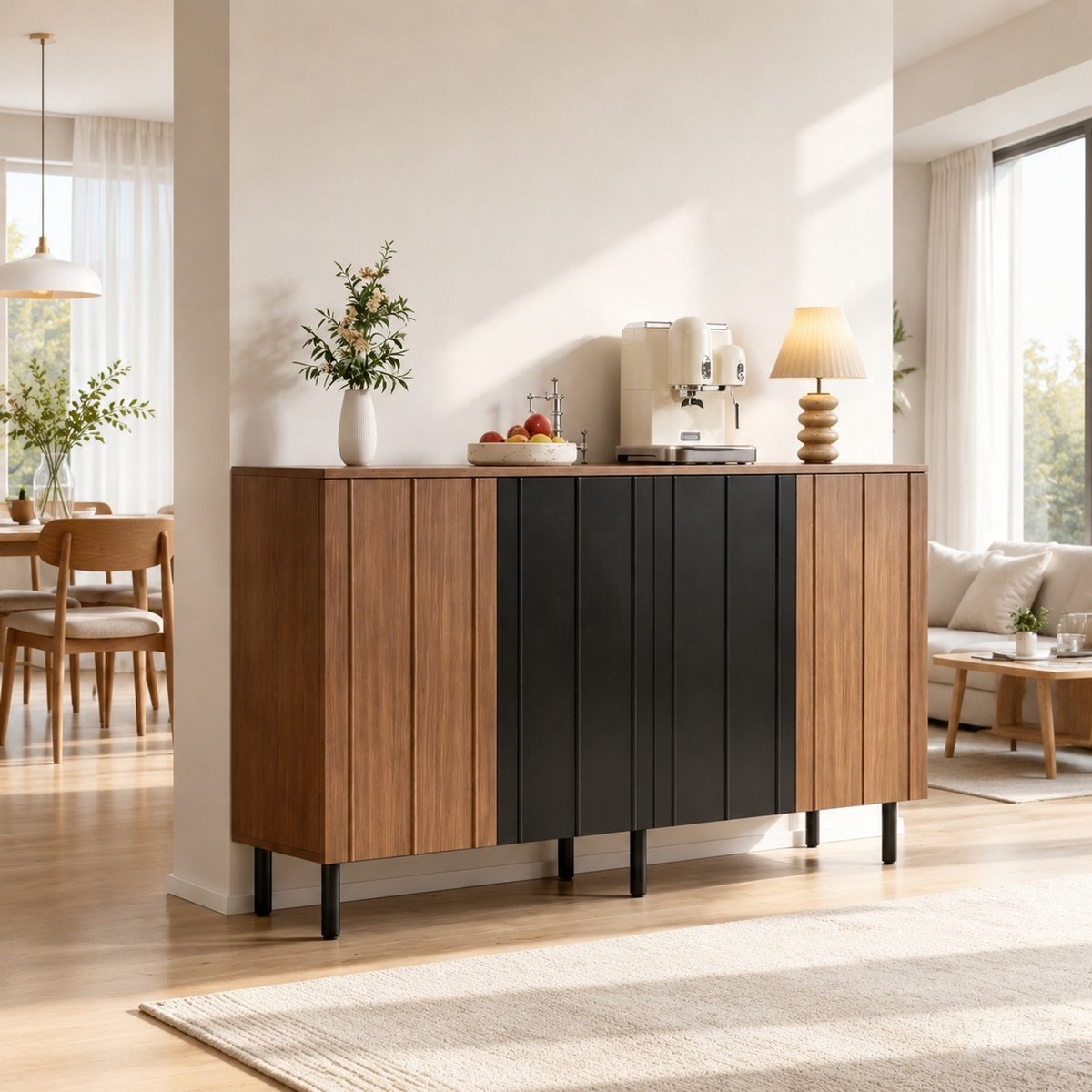 MODENUIT Buffetkast - 4 Deuren En Verstelbare Planken - Voor Eetkamer En Keuken - Spaanplaat - Walnoot En Zwart - 160x35x80 Cm