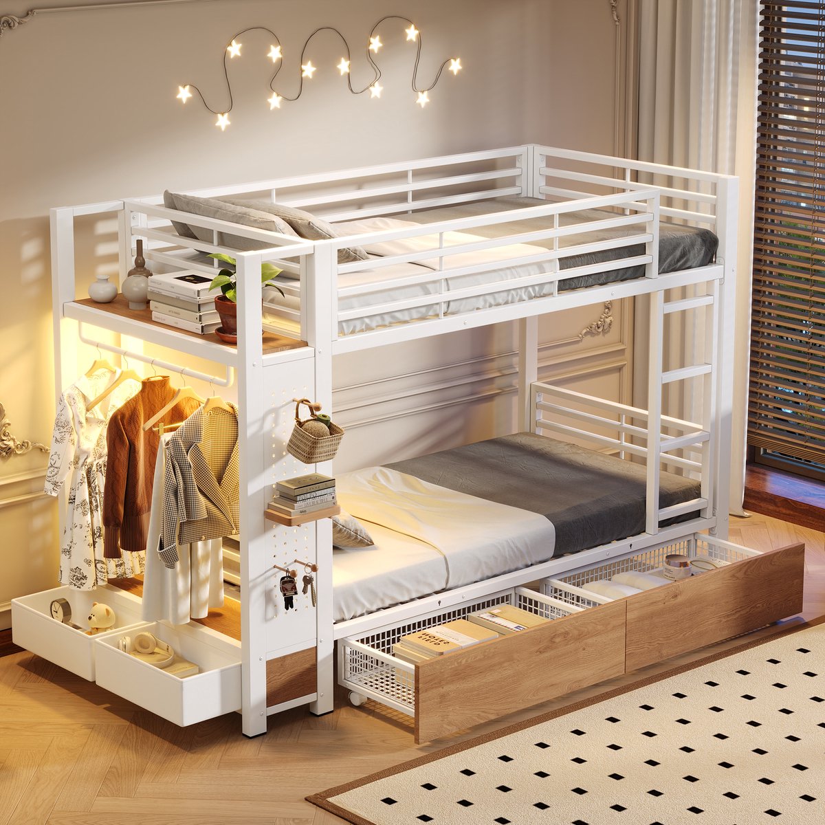 Clruro Stapelbed - 90x200 cm - Metalen Frame met LED - 4 Lades, Opbergruimte - Metaal/MDF - Wit
