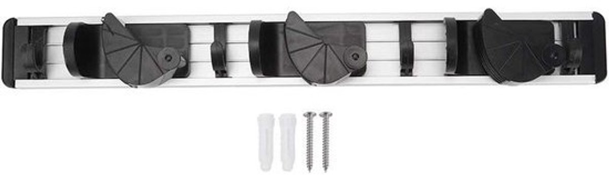 Mop Bezem Houder - Opberger Hanger - Ruimte Organiseren - Dubbele Rubberen Sleuven - 43 cm - Zilver