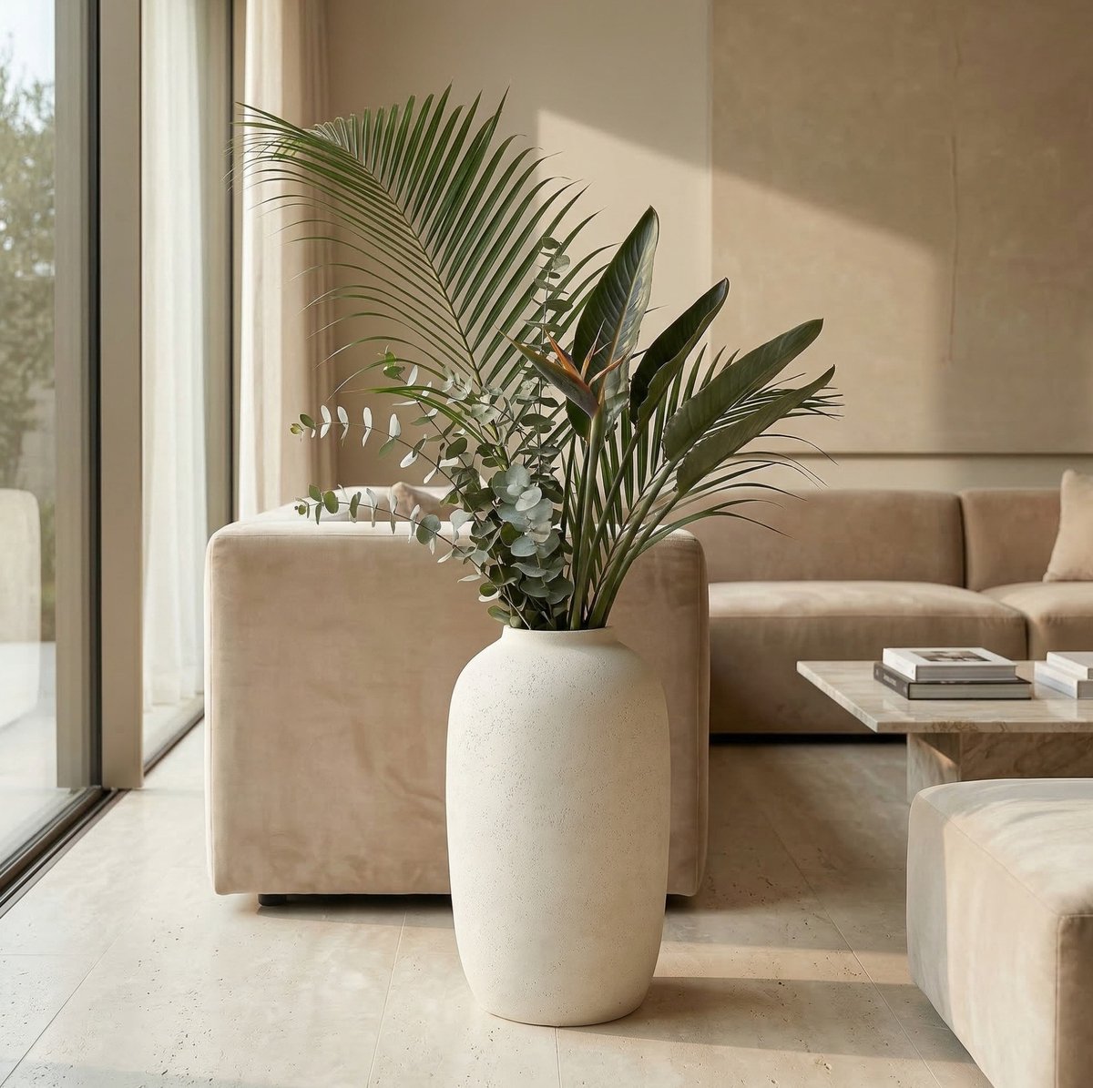Wishdor Bloempot - Rond en handgemaakt - Waterdicht en geschikt voor binnen en buiten - Modern minimalistisch - Woonkamer hal entree tuin terras - Steen - Wit - 30 x 51 cm