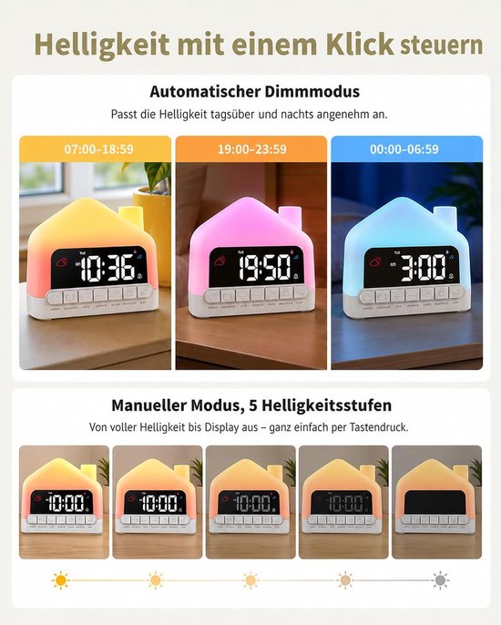 Kinderwekker Slaaptrainer - Nachtlampje Melodie - Avondroutine Ochtend - Zon Maan Symbool - USB-C Aansluiting - Wit — afbeelding 4
